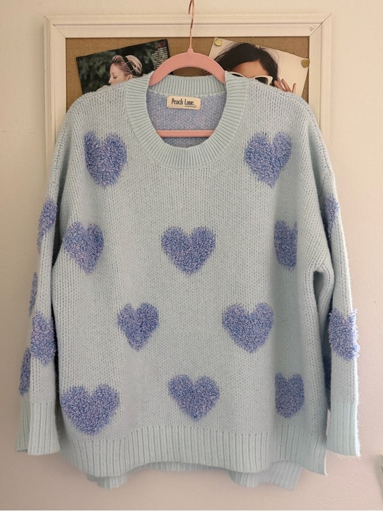 Peach Love California Sweaters - Peach Love California Baby Blue Sweater with Lavender Heart Accents